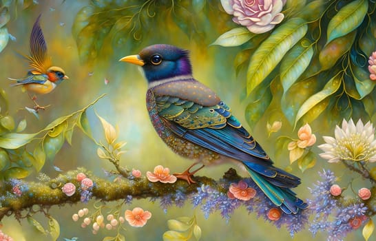 Fantasy colorful blackbird crow in green nature background - Generative AI