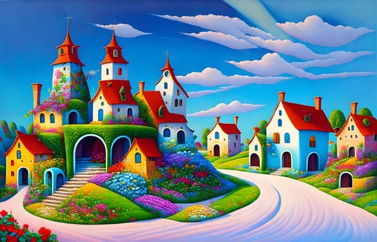 Cute colorful countryside village houses and street way by day - Generative AI