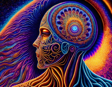 Abstract dreaming mindset woman profile in colorful wonderful background - Generative AI