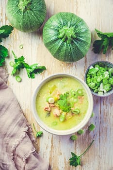 Tasty homemade zucchini cream soup, soup puree of green vegetables.