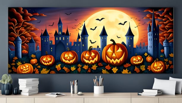 Halloween scenery painting in a room holding on the wall upon a buffet with objects - Generative AI