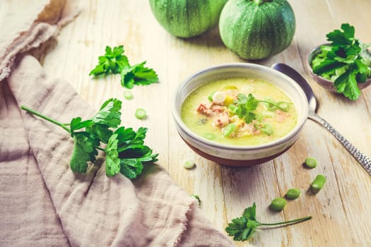 Tasty homemade zucchini cream soup, soup puree of green vegetables.
