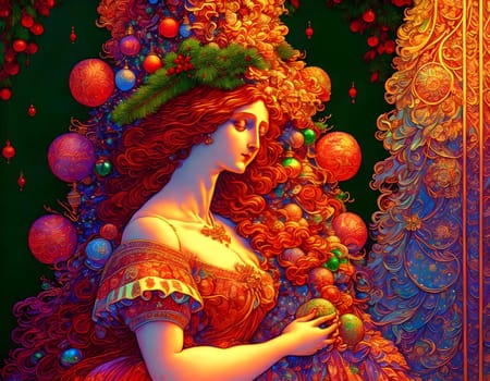 Vintage Christmas celebration with a beautiful woman and decoration - Generative AI