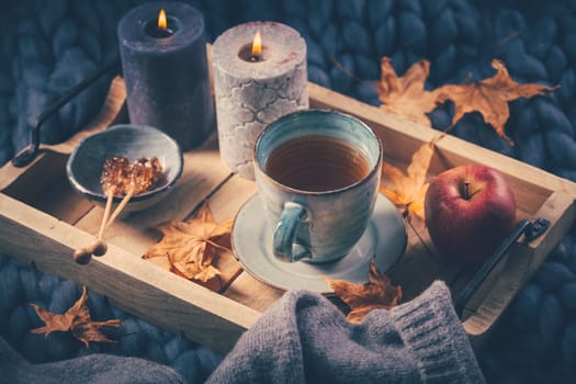 Autumn mood concept. Warm, cozy and rustic still life with cup of tea, candle and pumpkins.