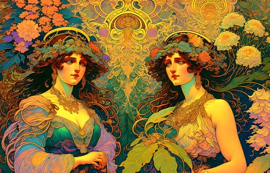 Two glamour ladies in colorful vintage background - Generative AI