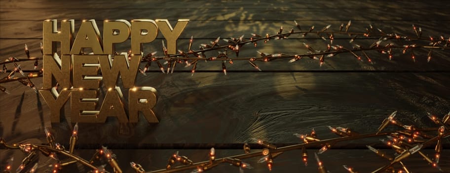 3D Illustration ,   New Year Abstract golden garland and golden numbers on dark background