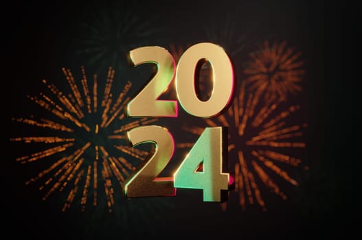 3D Illustration, happy new year 2024 background new year holidays card with bright lights,gifts and bottle of hampagne