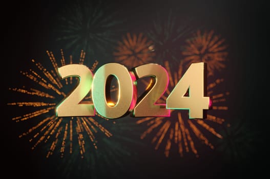 3D Illustration, happy new year 2024 background new year holidays card with golden lights,gifts and bottle of hampagne