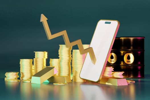 3D Illustration, Gold, oil, and coins stock market concept. stock exchange arrow chart and bar chart with Gold, oil, and bitcoins on a mobile phone. value investment.
