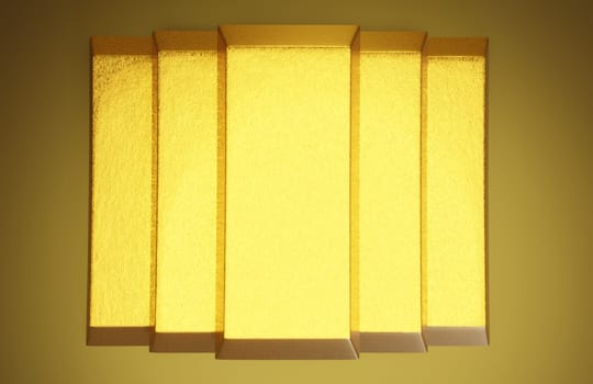 3D Illustration, Stack of shiny gold bars on yellow background .