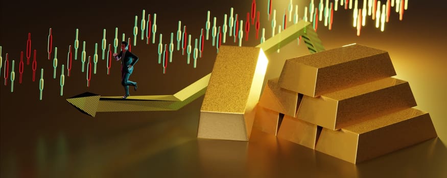 3D Illustration, Businessman is introducing a investment as a stack gold bar and red arrow graph with looking to future for new leader the business opportunity in the public park, Planning concept.