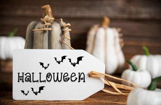Autumn Decoration With Pumpkins, Rustic fall Decoration With Label Text Halloween