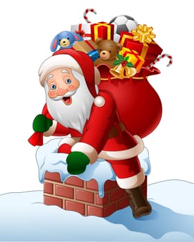 Cartoon Santa Claus enters a home through the Chimney