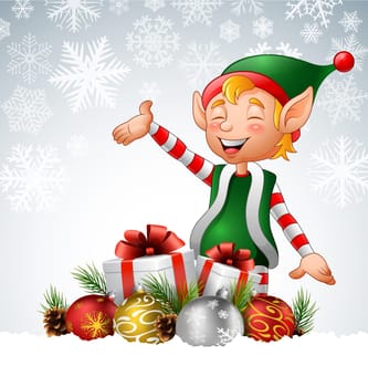 Cartoon funny elf with gift boxes