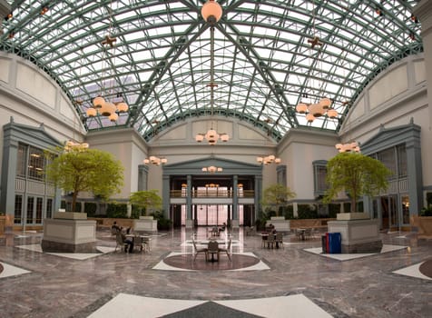 CHICAGO, USA - AUGUST 29, 2019: Iconic Millennium Egg and the Chicago skyline, USAScenic reading room beneath the glass roof of the Harold Washington Public Library in Chicago, USA