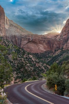 Scenic Drive in the Zion National Park during sunset, USA