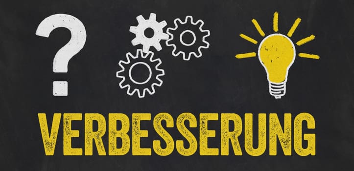 Question Mark, Gears, Light Bulb Concept - Improvement in german - Verbesserung