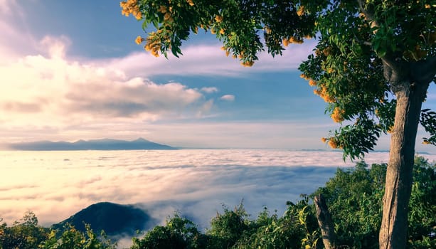 Beautiful of cloud sky colorful sunrise and view mist moving on mountain in twilight nature, Ai Generate, Pastel style