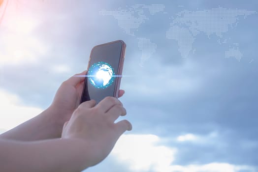 Hand women holding smartphone mobile online social network, Network global world map internet networking people concept