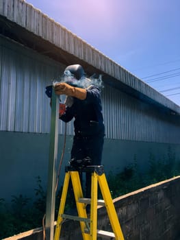 Welding Metal, Man welding steel blurred background, Welder concept, Welding Electrodes,  Filter color style