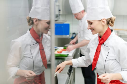 Chefs in large commercial kitchen cooking meals together stirring the sauce