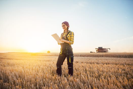 Farmer woman and combine harvester on wheat field during sunset