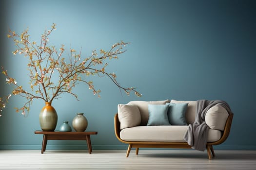 Modern living room with a couch or sofa, a table, plants and wooden floor, minimal lifestyle, empty blue wall, generative AI