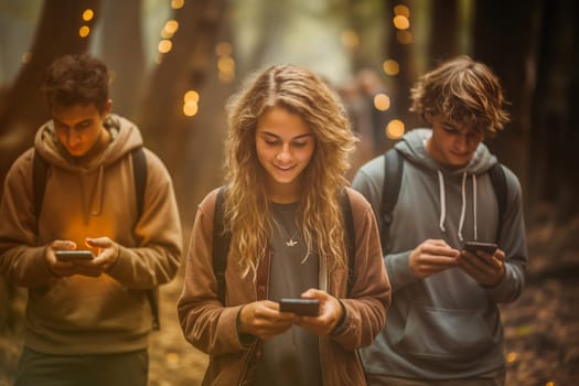 Teenager with smartphone on the street, addiction to socail media, using chat and cyberspace, teens disconnected to reality, generative AI