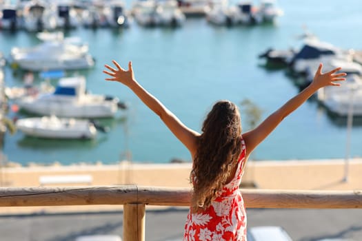 Back view portrait of a happy woman celebrating summer in a port