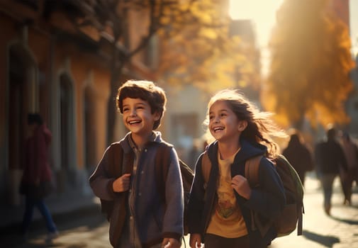 Portrait of 2 cheerful smiling boy, girl with backpacks. Young friendly schoolchildren. Back to school concept. Joyful male and female students in cecrle at yard on their way to school. Sunny day