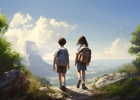 Two little children scouts with backpacks having fun in mountains. Friendly schoolchildren. Male, female school pupil excited during camping activity in nature. Back view, backside shot from behind