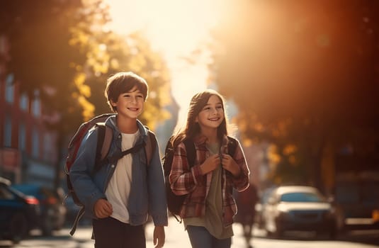 Group of two cheerful school kids walking, having fun against street. Happy schoolboy and schoolgirl. Back to school concept. Joyful male and female pupil excited at schoolyard going to class together