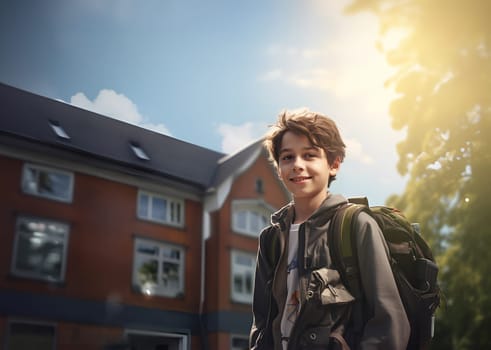 Positive smiling pupil with big backpack walking against street. Happy young schoolboy looking at camera. Back to school concept. Joyful schoolboy excited in schoolyard ready to learn. Sunny day