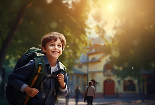 Positive smiling little boy with big backpack walking and having fun on street. Happy young pupil looking at camera. Back to school concept. Joyful schoolboy excited in schoolyard. Kid ready to learn