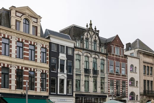The Hague, Netherlands - April 17, 2023: Traditional Buildings at De Plaats, one of the squares in The Hague