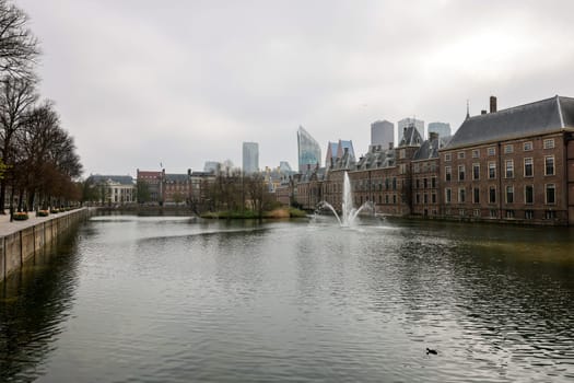 Facade of Binnenhof - Dutch Parliament with Hofvijver pond, The Hague, The Netherlands