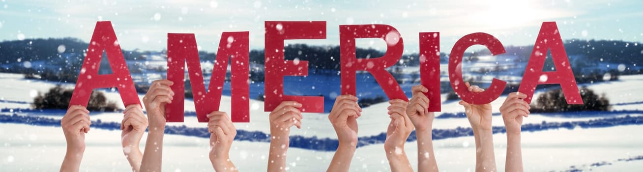 People Or Persons Hands Building English Word America. White Winter Background With Snowflakes And Snowy Landscape.