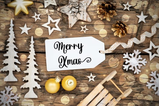 Rustic Wooden Bokeh Christmas Background, Winter Decoration With Label With Text Merry Xmas