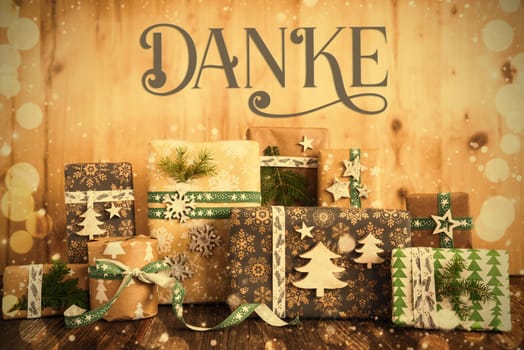 German Text Danke, Means Thanks In English, Eco Friendly, Sustainable, Rustic, Green Wrapped Christmas Gifts, Winter Background