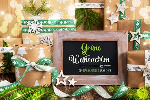 Text Gruene Weihnachten Und Ein Nachhaltiges Neues Jahr, Means Green Christmas And Sustainable New Year In English, Green Winter Decor, Sustainable Christmas Background