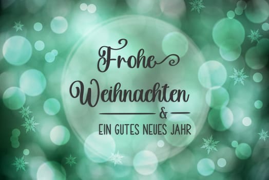 Shiny Blurry Turquoise Christmas Background With Bokeh And German Text Frohe Weihnachten Und Ein Gutes Neues Jahr, Which Means Merry Christmas And Happy New Year In English