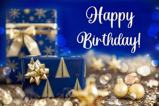 Text Happy Birthday, Golden Blue Shiny Christmas Decor, Winter Background