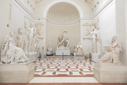 Possagno, Italy - June 2022: Antonio Canova Museum. Gallery interior with antique collection of statues