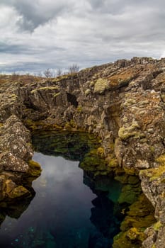 Crevice filled with water in Thingvellir National Park, Iceland