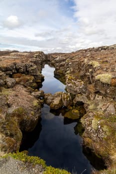 Water filled crevice of the continental rift in Thingvellir National Park, Iceland