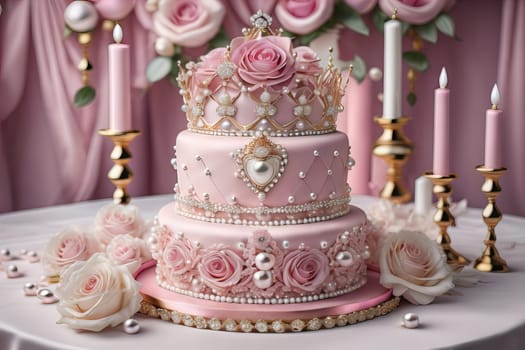 Wedding cake decorated with pink roses and gold crown on the table. ai generative