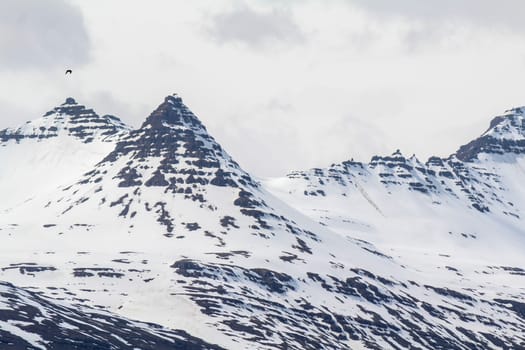 Snowy mountain summits at Thjodvegur road, Iceland