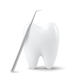 Vector 3d Realistic Tooth and Dental Probe for Teeth Closeup Isolated on White Background. Medical Dentist Tool. Design Template, Clipart, Mockup. Dentistry, Healthcare, Hygiene Concept.