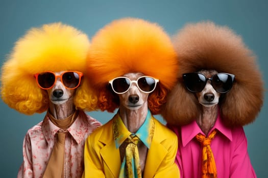 Fashionable poodles in hippie style. A stylish group of three poodles are impeccably groomed, accessorized and wearing colorful clothing.Creative animal concept. AI generated