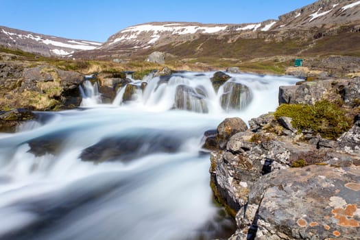 Magnificent stream of Dynjandi waterfall in the Westfjords, Iceland